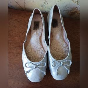 Ugg Lena Silver Metallic Suede Leather Ballet Flat